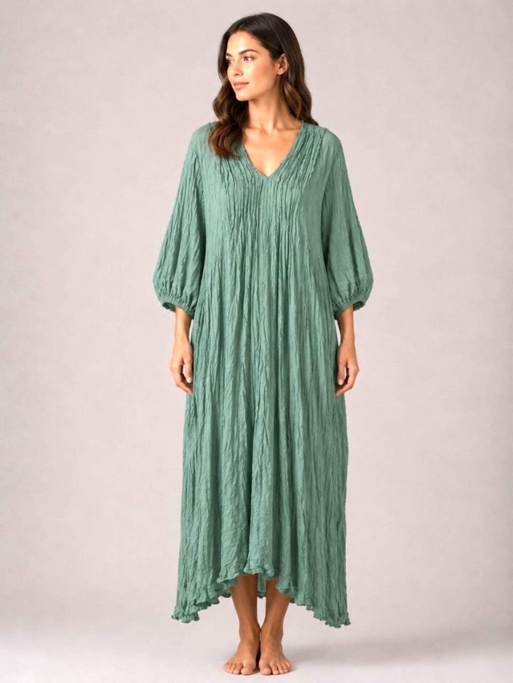NEW SageGreen Cotton Boho Maxi Dress Oversized Relaxed Fit with Pockets Thailand